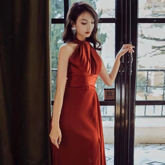 Red Floor length Dress with wrapped details and open back size 2 - Picture 2 of 5